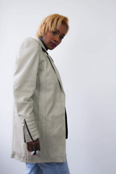 Leather jacket with exaggerated shoulders