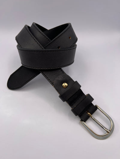 Basic Black Handmade Leather Belt with Silver Adornment - BLONDISH