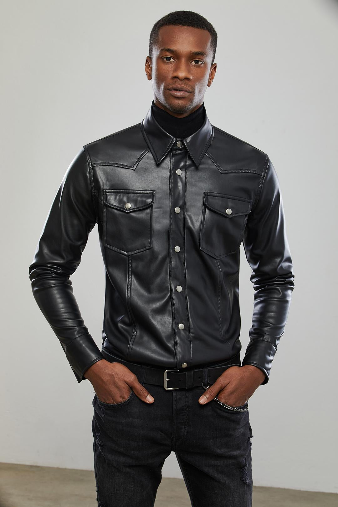 Black Leather Western Overshirt