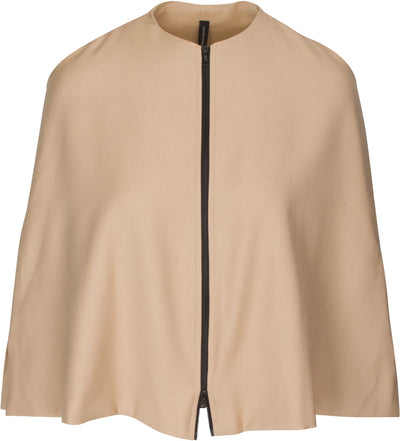 Front image of tan cape with matte black two-way zipper