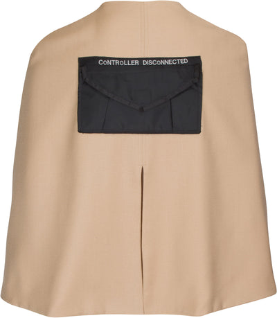 Back image of tan cape with black nylon patch pocket, embroidered controller disconnected