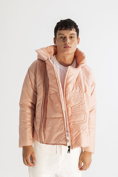 Men’s Asymmetric Zip Front Puffer Jacket in Pink