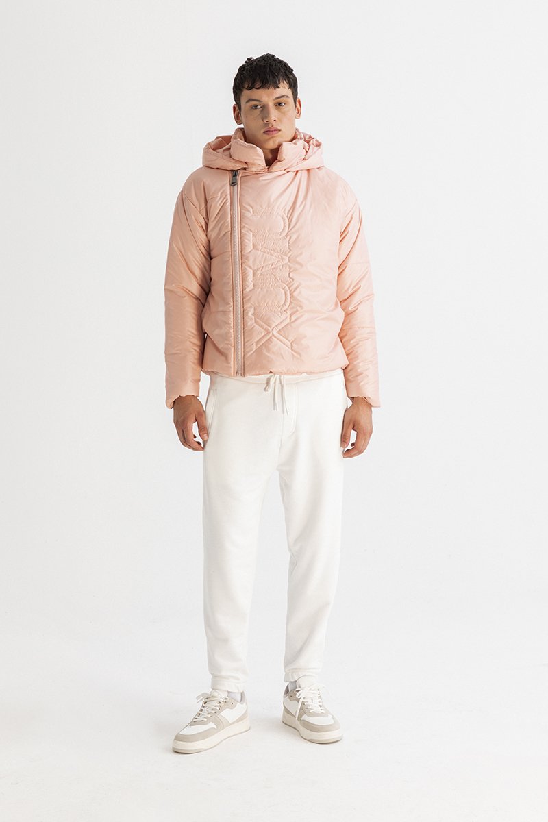 Men’s Asymmetric Zip Front Puffer Jacket in Pink