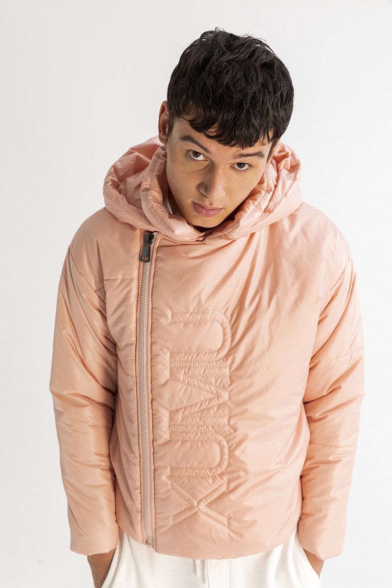 Men’s Asymmetric Zip Front Puffer Jacket in Pink