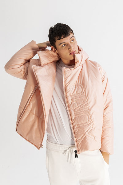 Men’s Asymmetric Zip Front Puffer Jacket in Pink