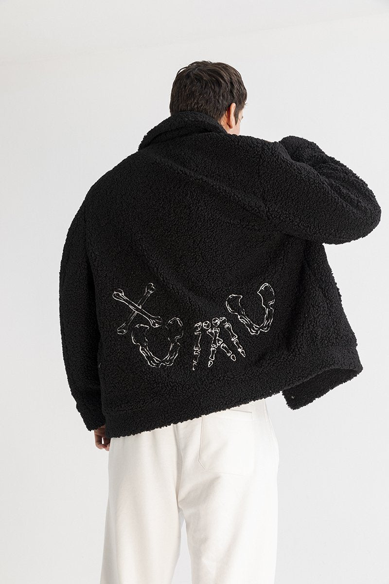 Men's Oversized XUMU Embridered Back Black Sherpa Jacket