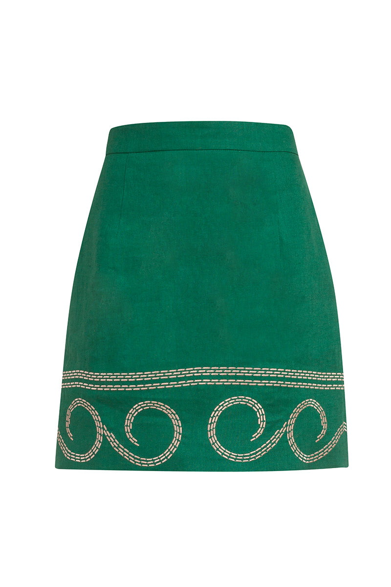 Linen embroidered mini skirt in green