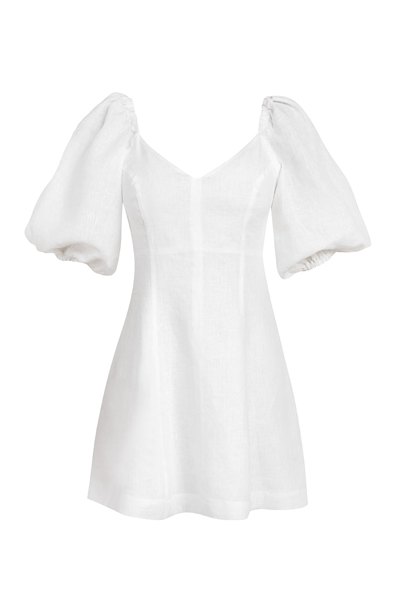 Puff sleeve linen dress in white