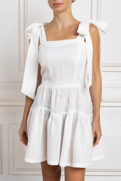 Linen Frill Tie Shoulder Mini Dress in white