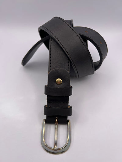 Basic Black Handmade Leather Belt with Silver Adornment - BLONDISH