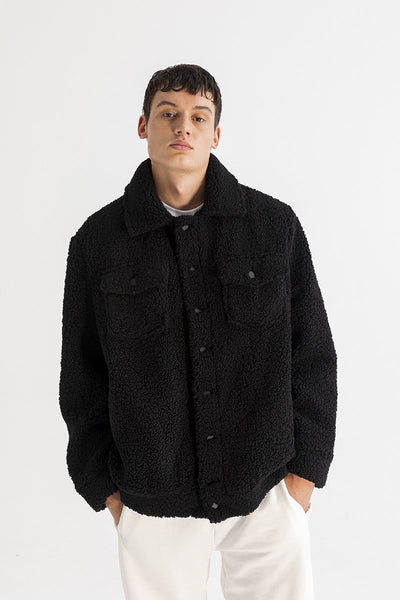 Men's Oversized XUMU Embridered Back Black Sherpa Jacket