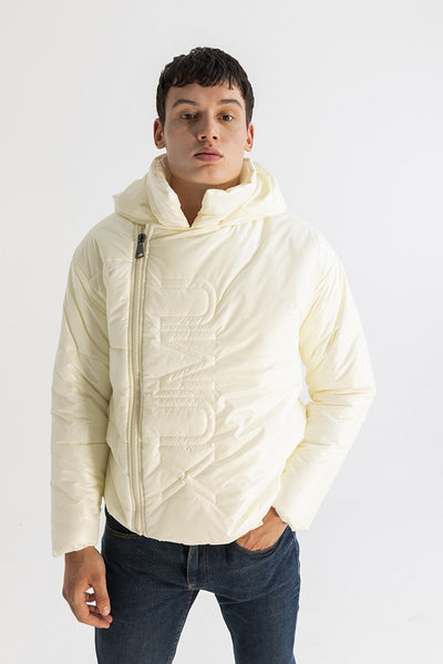 Men’s Asymmetric Zip Front Puffer Jacket in Beige