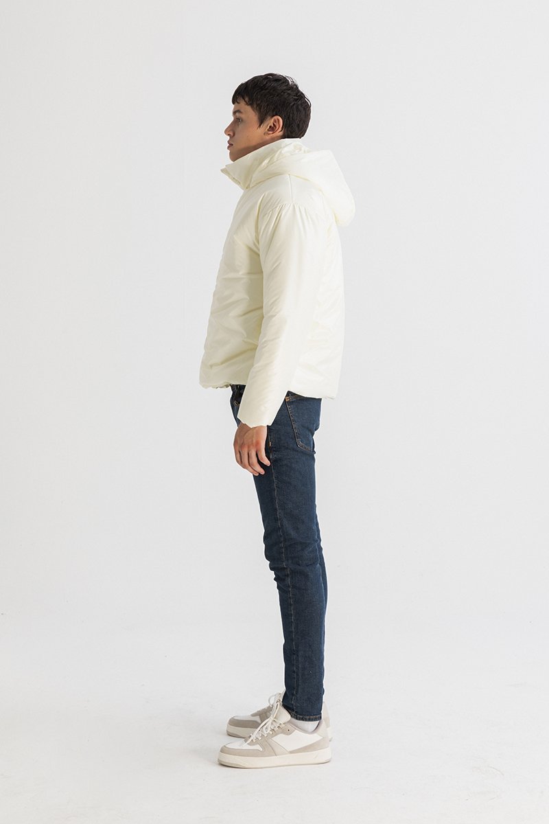 Men’s Asymmetric Zip Front Puffer Jacket in Beige