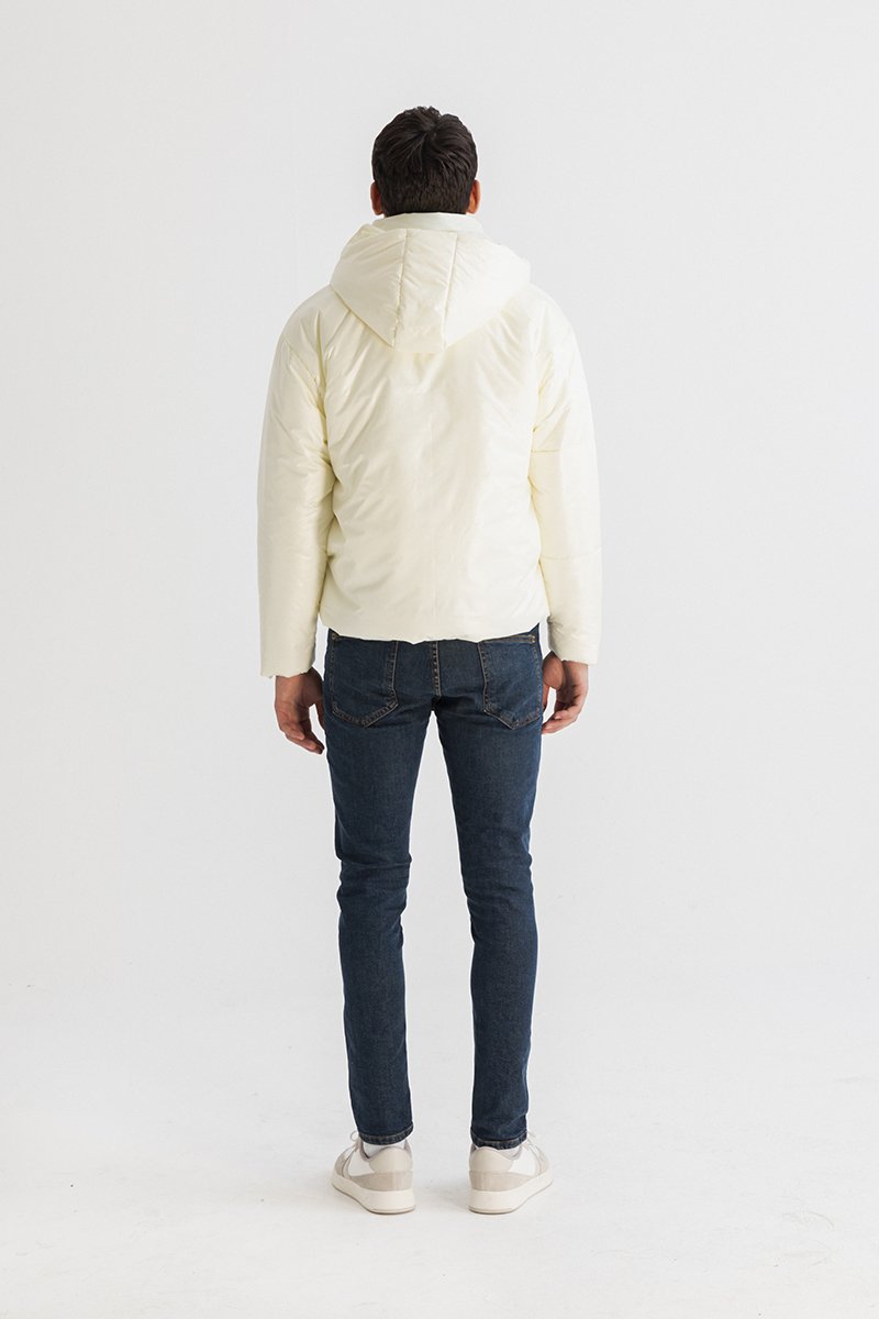 Men’s Asymmetric Zip Front Puffer Jacket in Beige