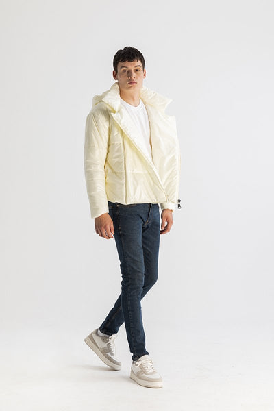 Men’s Asymmetric Zip Front Puffer Jacket in Beige