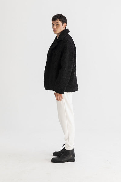 Men's Oversized XUMU Embridered Back Black Sherpa Jacket