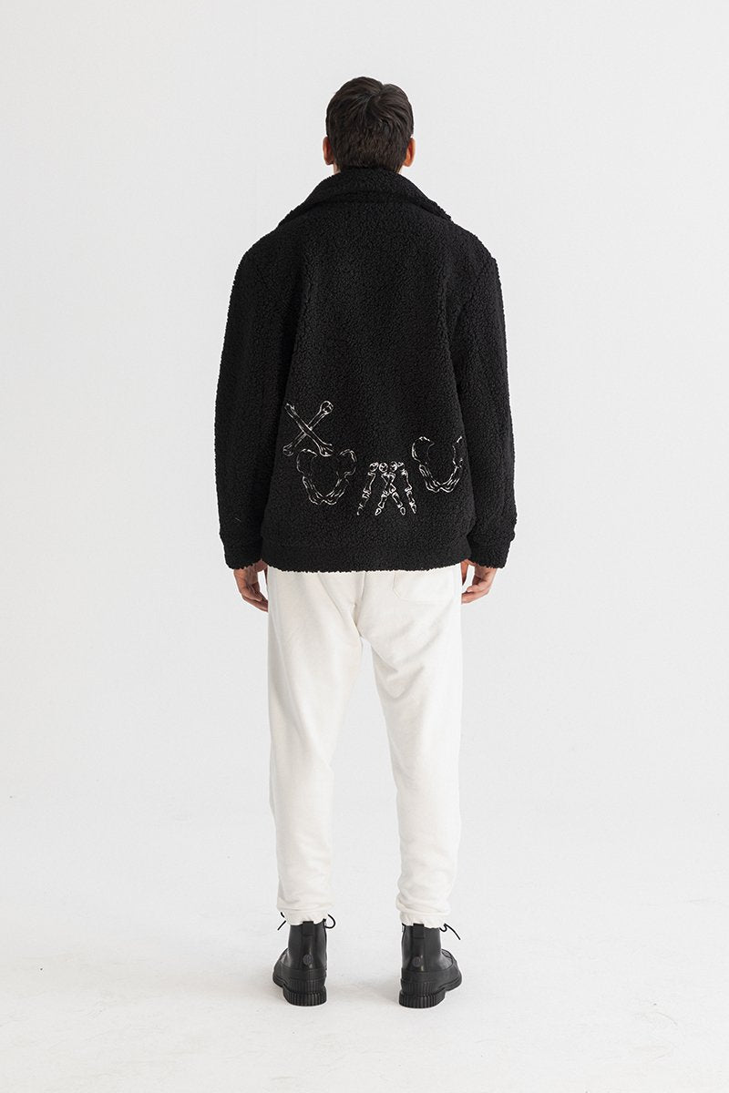Men's Oversized XUMU Embridered Back Black Sherpa Jacket