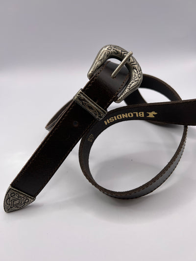 Cowboy Brown Leather Belt with Silver Adornment - BLONDISH