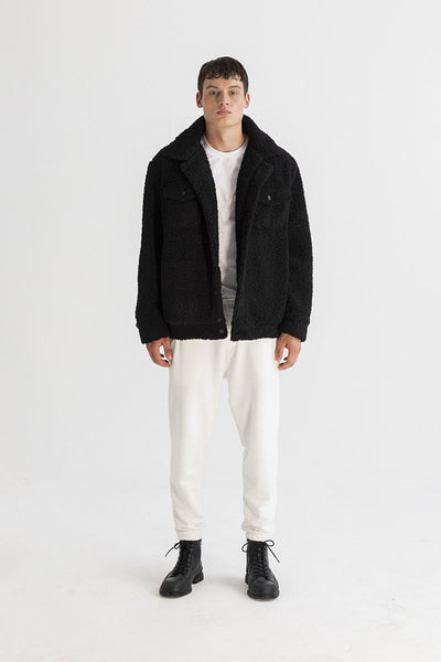 Men's Oversized XUMU Embridered Back Black Sherpa Jacket