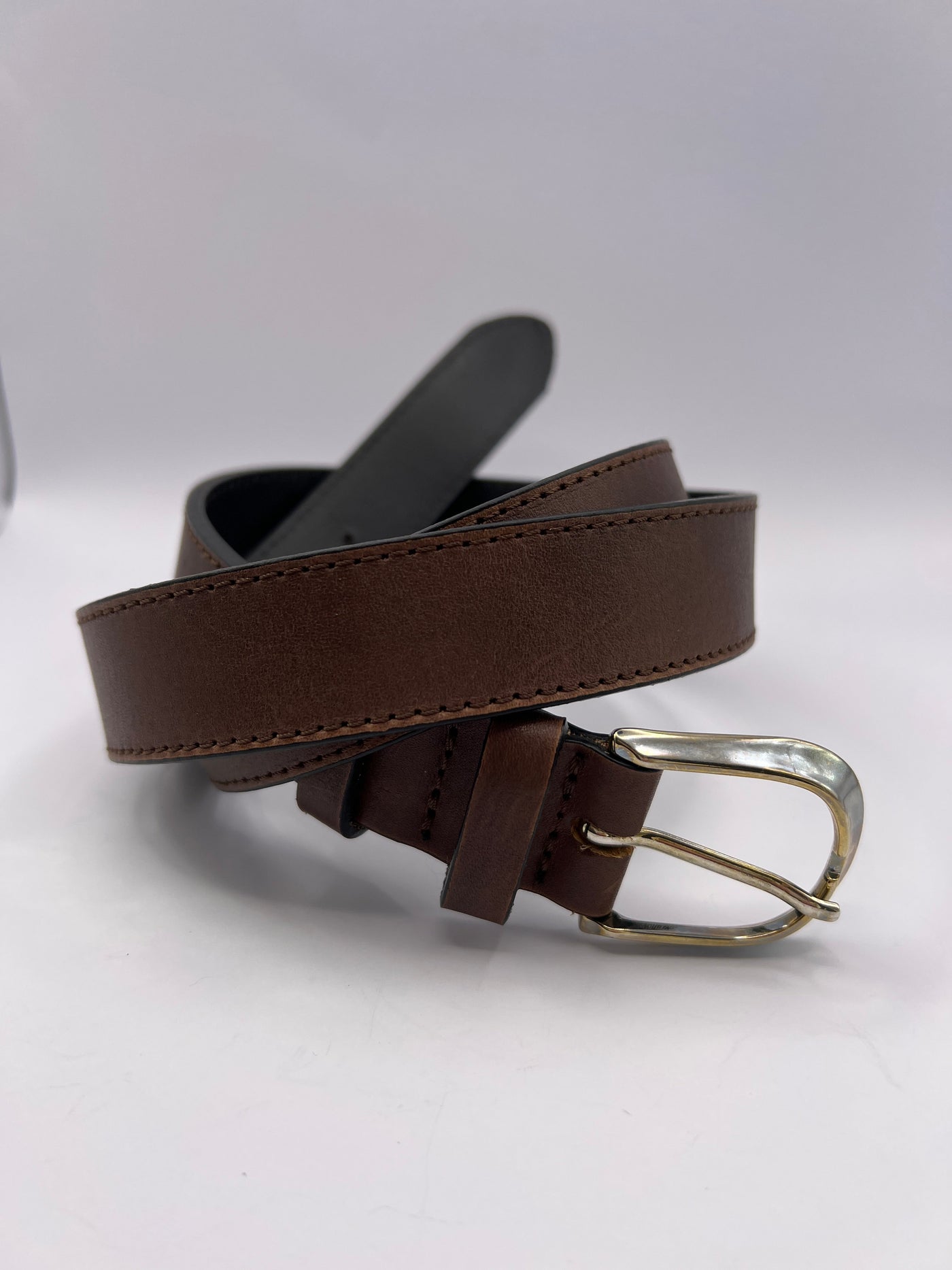 Basic Dark Brown Handmade Leather Belt with Silver Adornment - BLONDISH