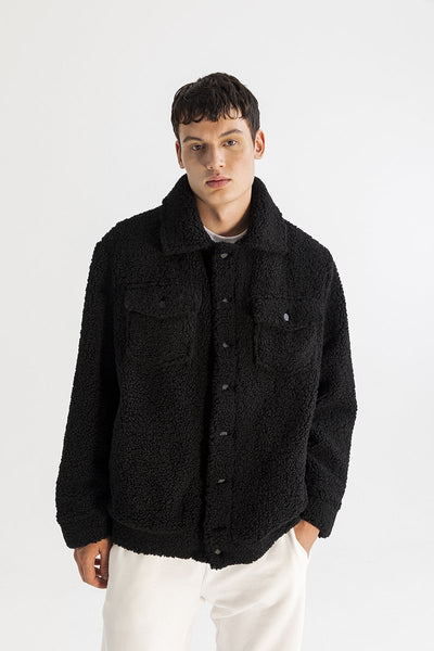 Men's Oversized XUMU Embridered Back Black Sherpa Jacket