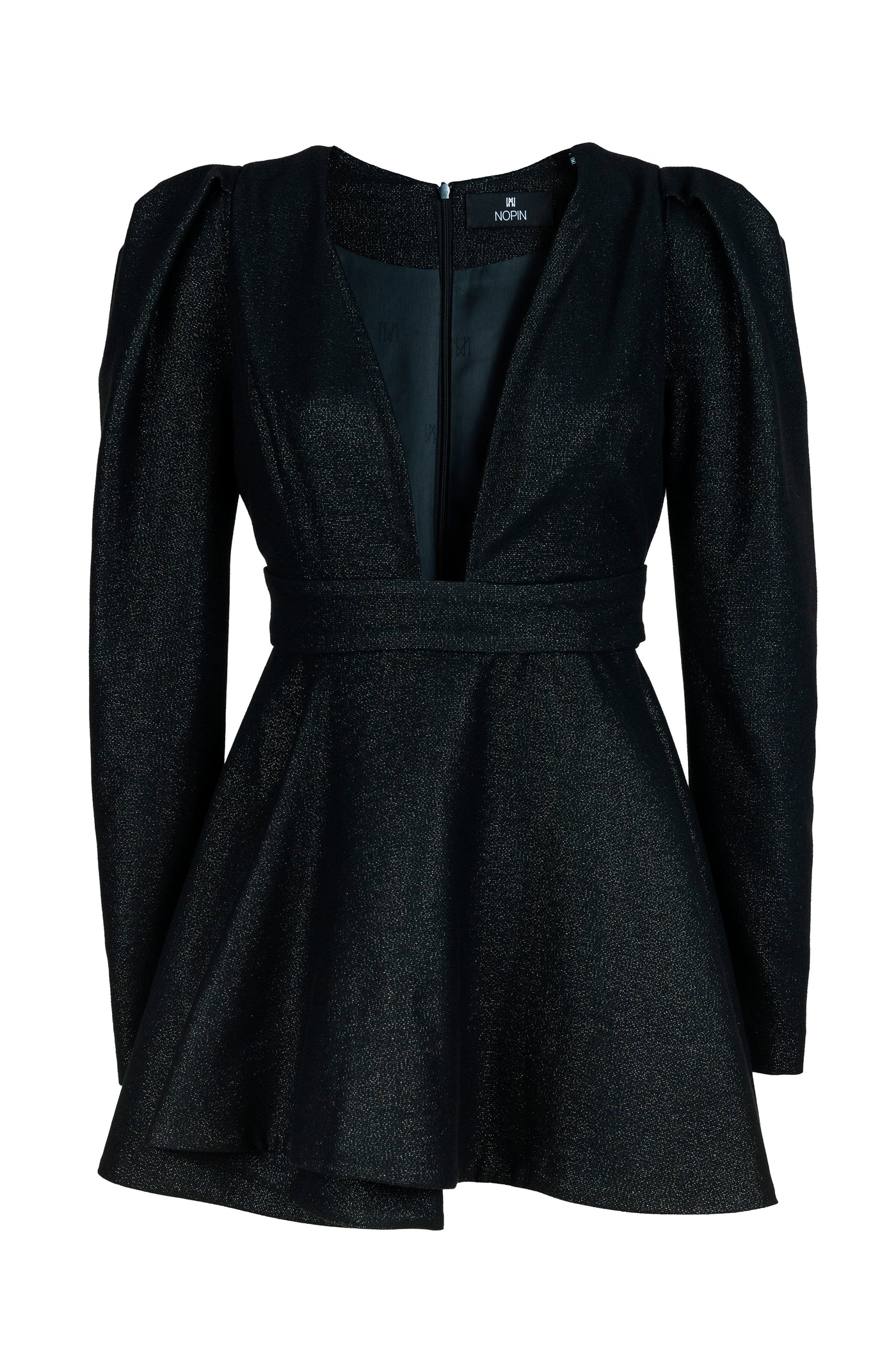 Shiny Black V-neck Evasé Dress