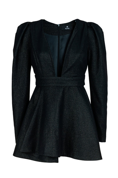 Shiny Black V-neck Evasé Dress