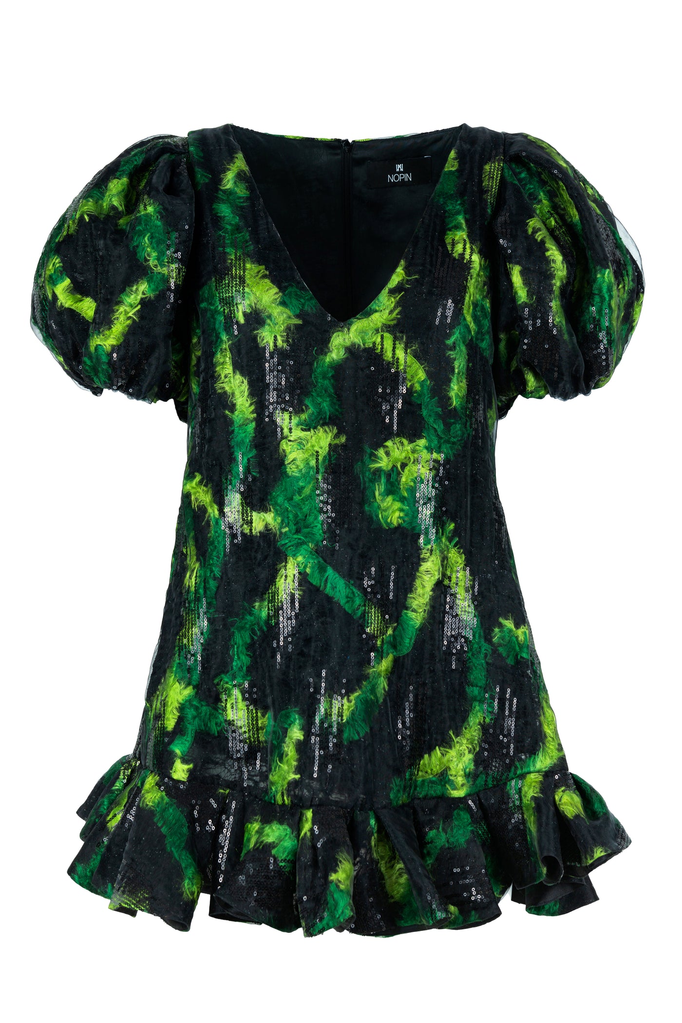 Green and Black Sequined V-neck Dress