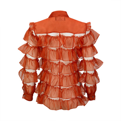 Orange Ruffled Silk Organza Shirt