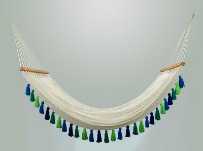 Deluxe Natural Cotton Hammock with Rainforest Inspired Tassels (Wooden Bar)