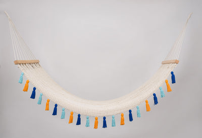 Deluxe Natural Cotton Hammock with Hue Inspired Tassels (Wooden Bar)