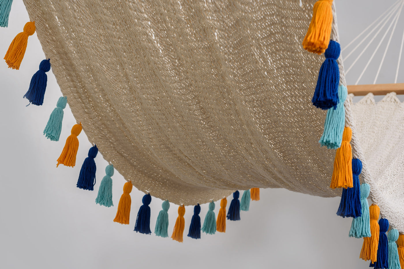 Deluxe Natural Cotton Hammock with Hue Inspired Tassels (Wooden Bar)