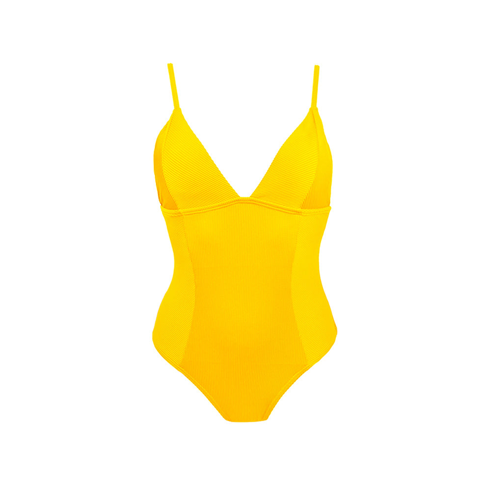 Yellow V neck women's one piece swimsuit