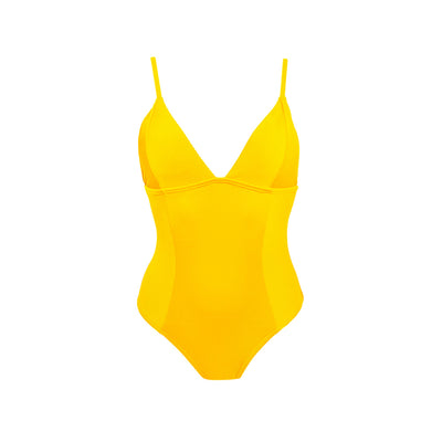 Yellow V neck women's one piece swimsuit