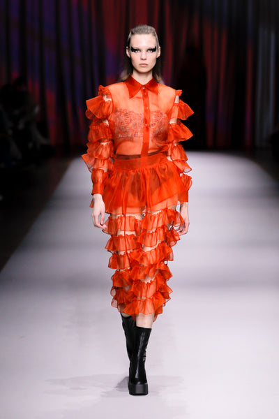 Orange Silk Organza Ruffled Skirt