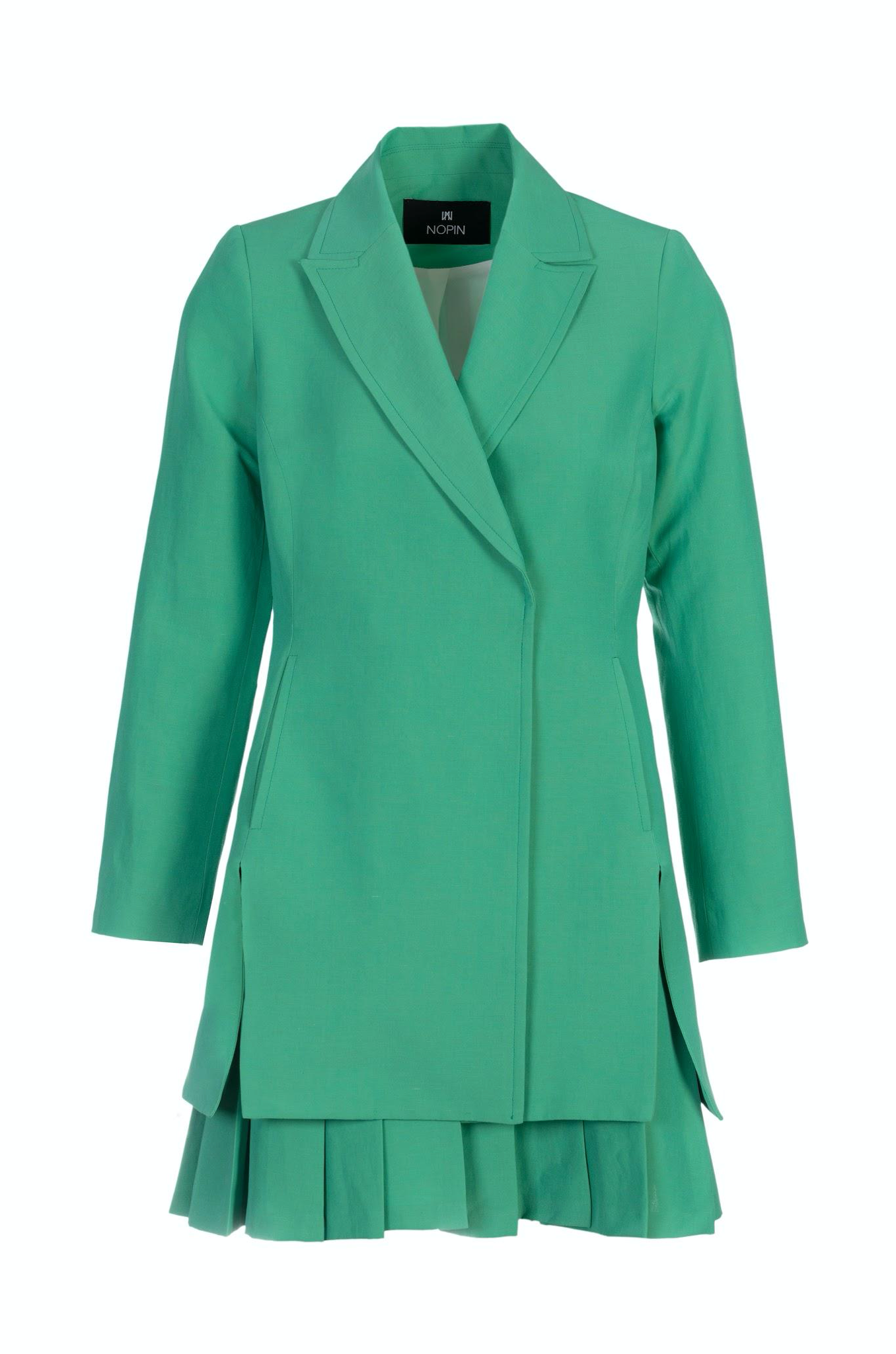 Long Green Linen Blazer with Pleats