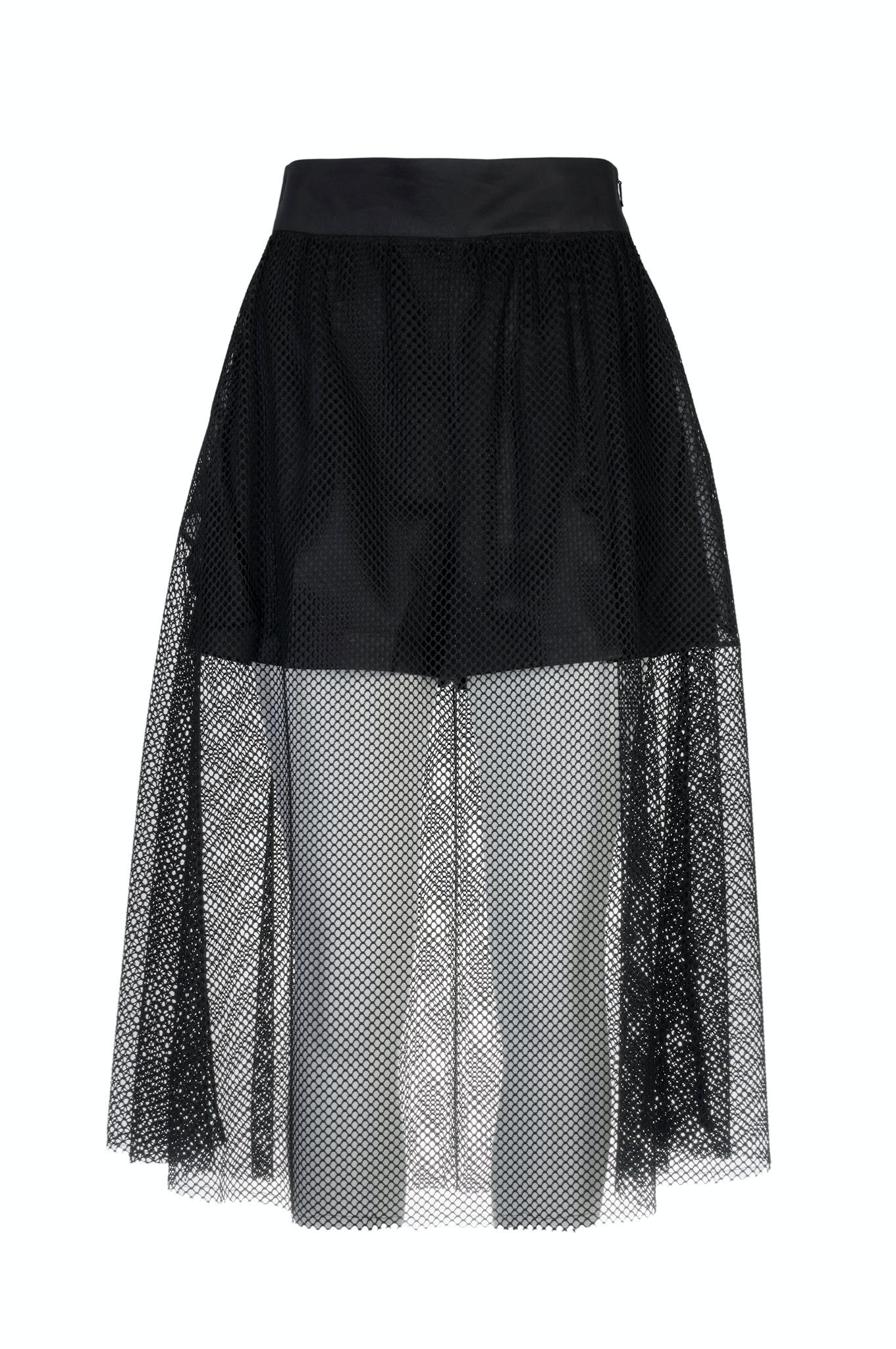 Black Ruffle Midi Skirt in Mesh