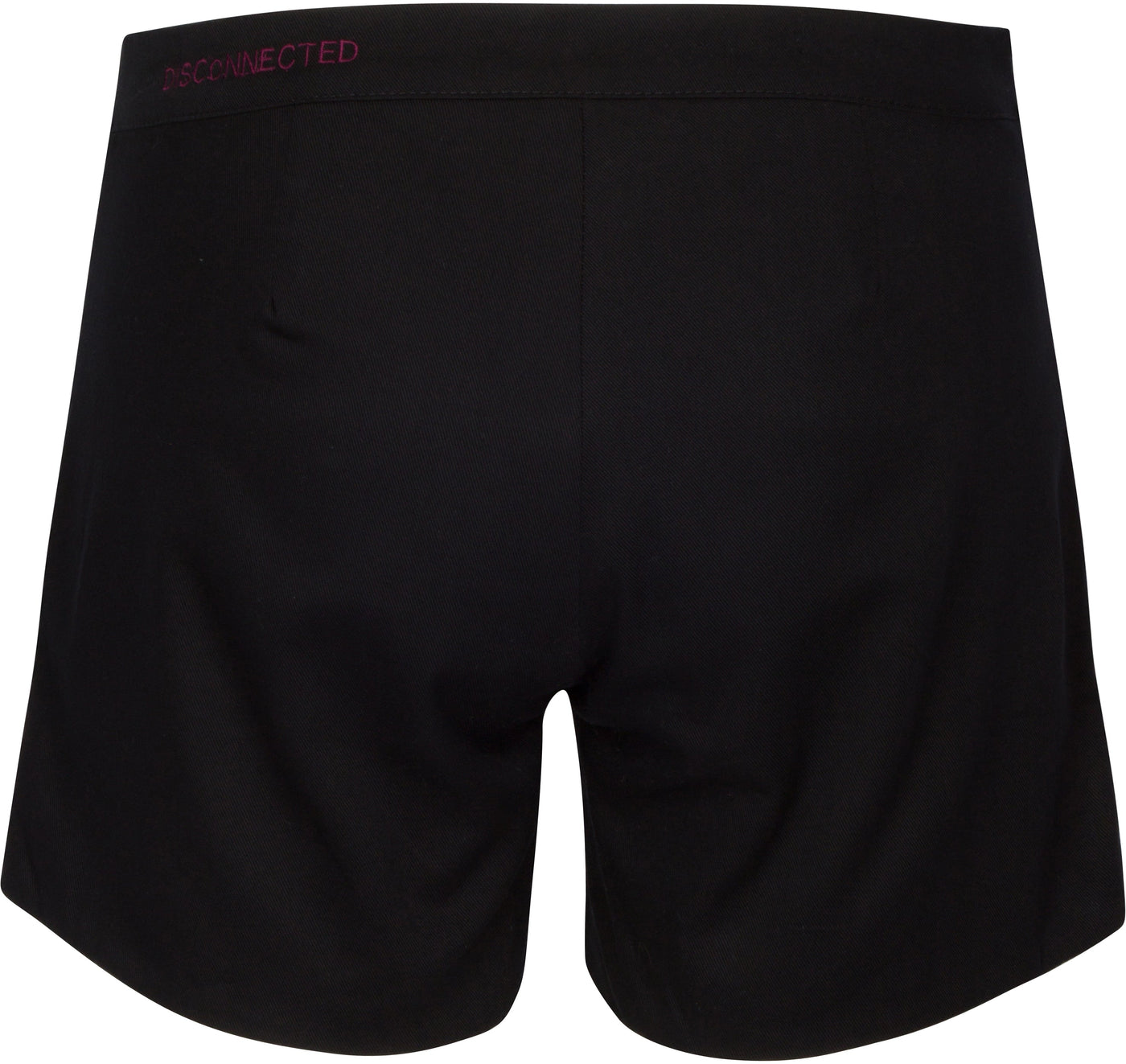 Back image of black cotton twill shorts with disconnected embroidered on wearer's left waistband