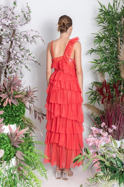 Orange Long Frill Dress in Recycled Tulle