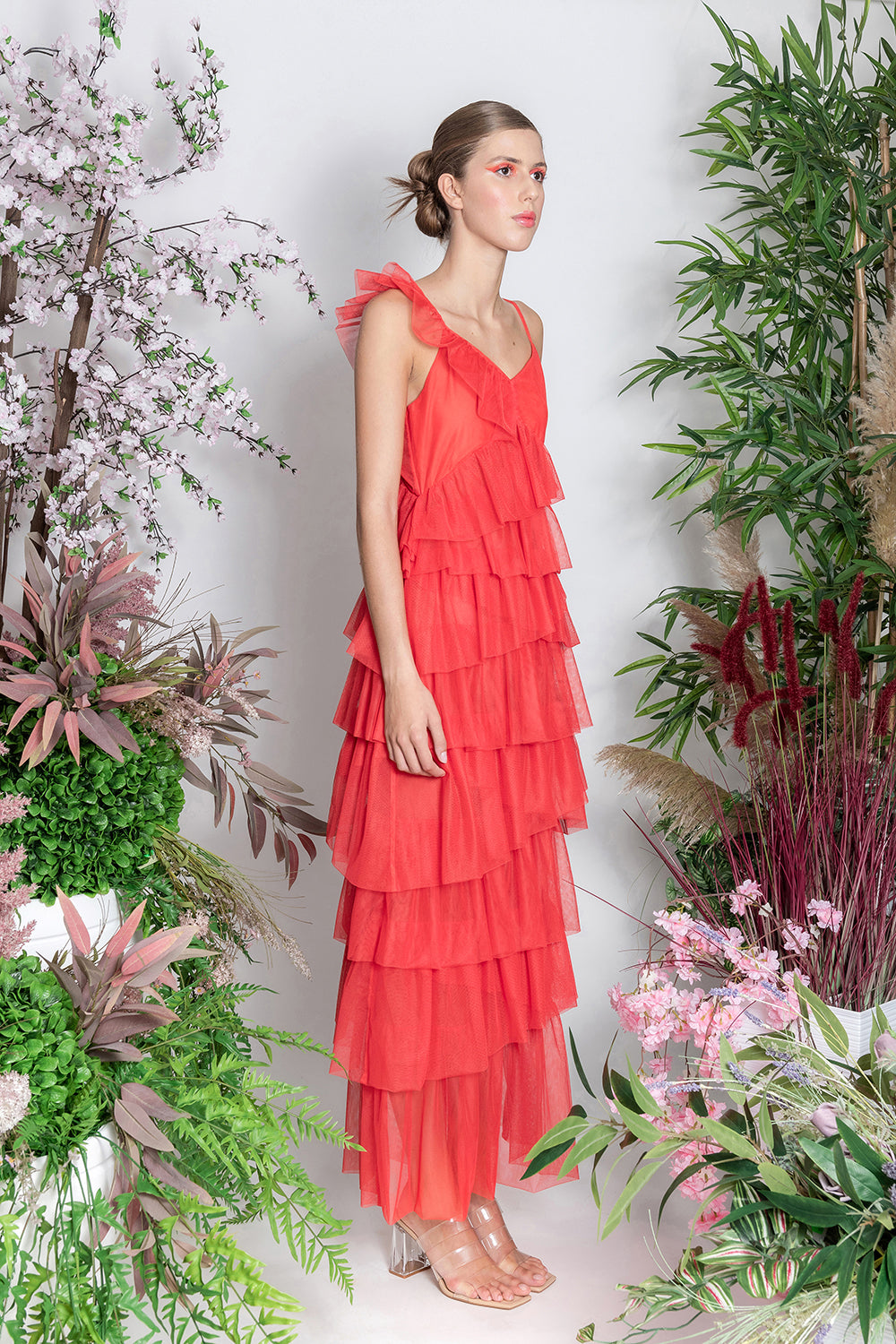 Orange Long Frill Dress in Recycled Tulle