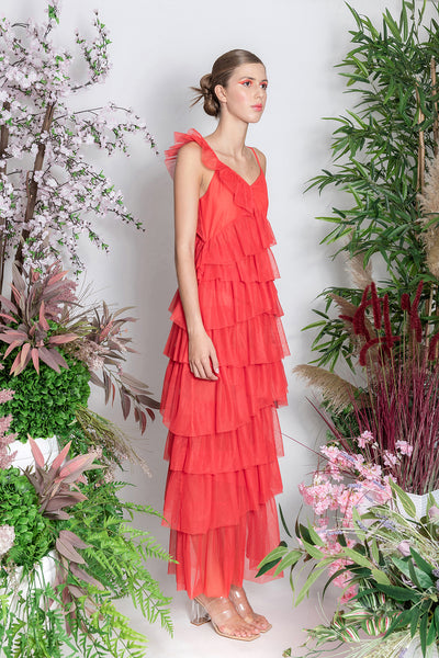 Orange Long Frill Dress in Recycled Tulle