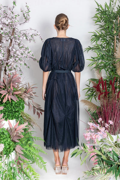 Navy Recycled Tulle Dress with Belt