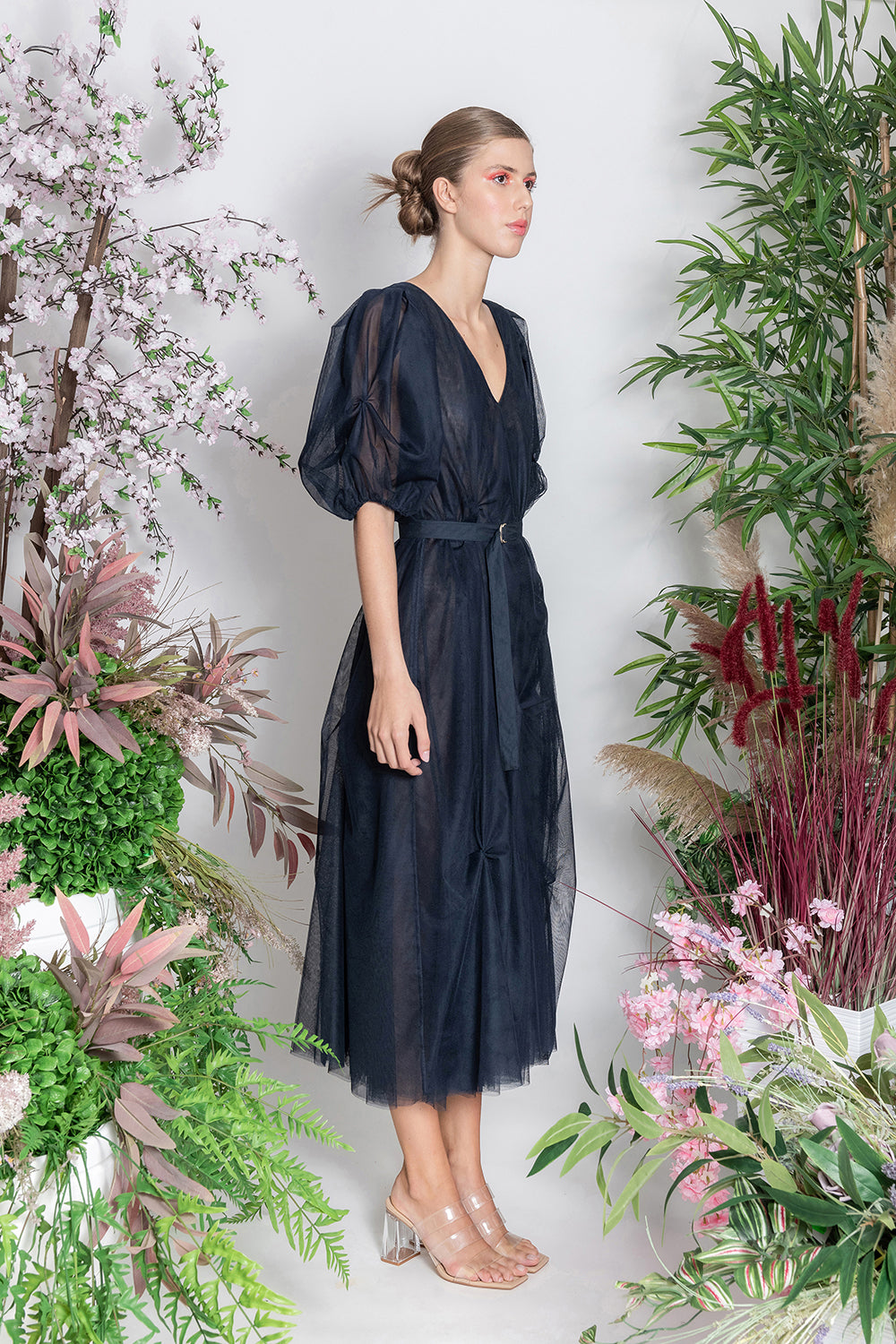 Navy Recycled Tulle Dress with Belt