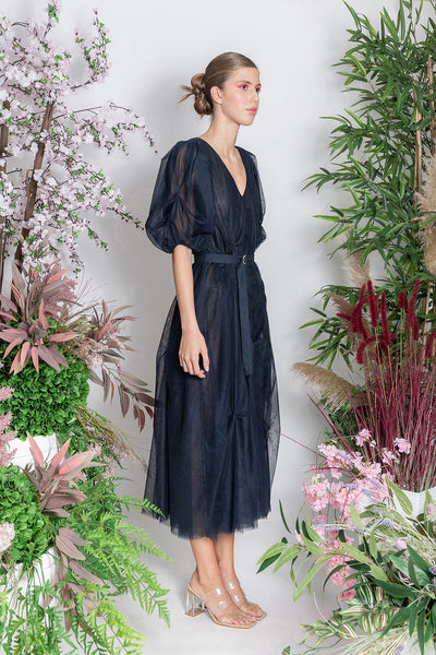 Navy Recycled Tulle Dress with Belt