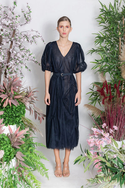 Navy Recycled Tulle Dress with Belt