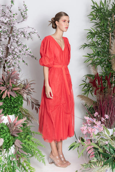 Orange Recycled Tulle Dress with Belt