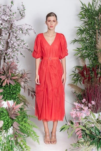 Orange Recycled Tulle Dress with Belt