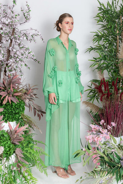 Green Silk Oversized Shirt with Flowers