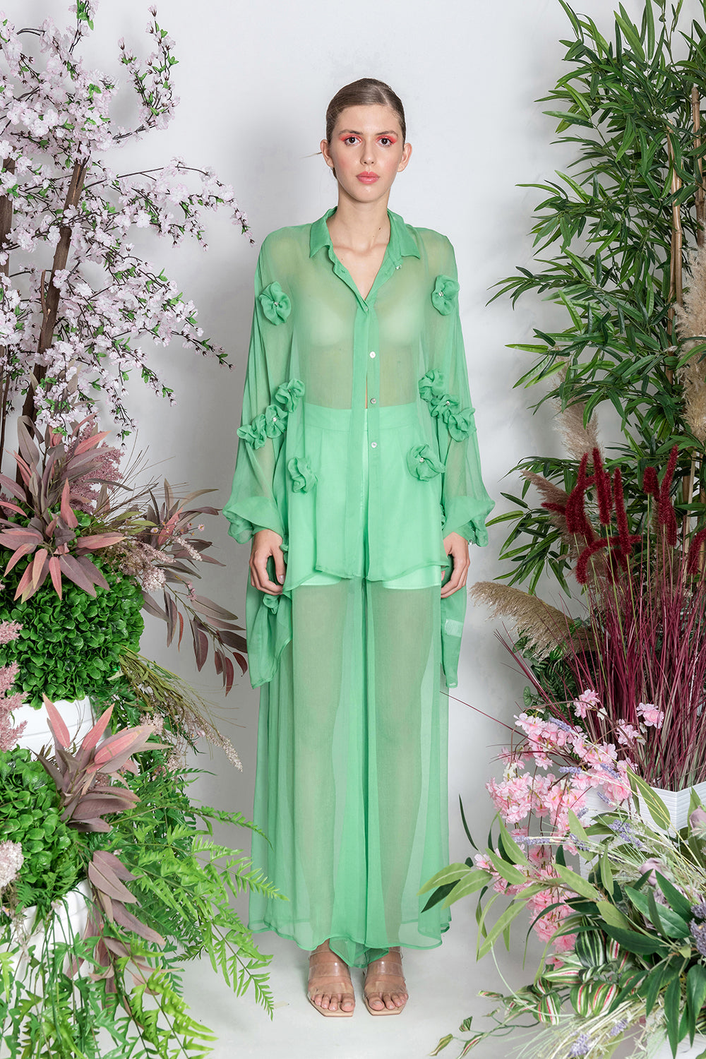 Green Silk Oversized Shirt with Flowers