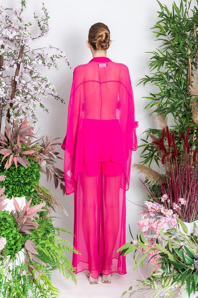 Pink Silk Oversized Shirt with Flowers